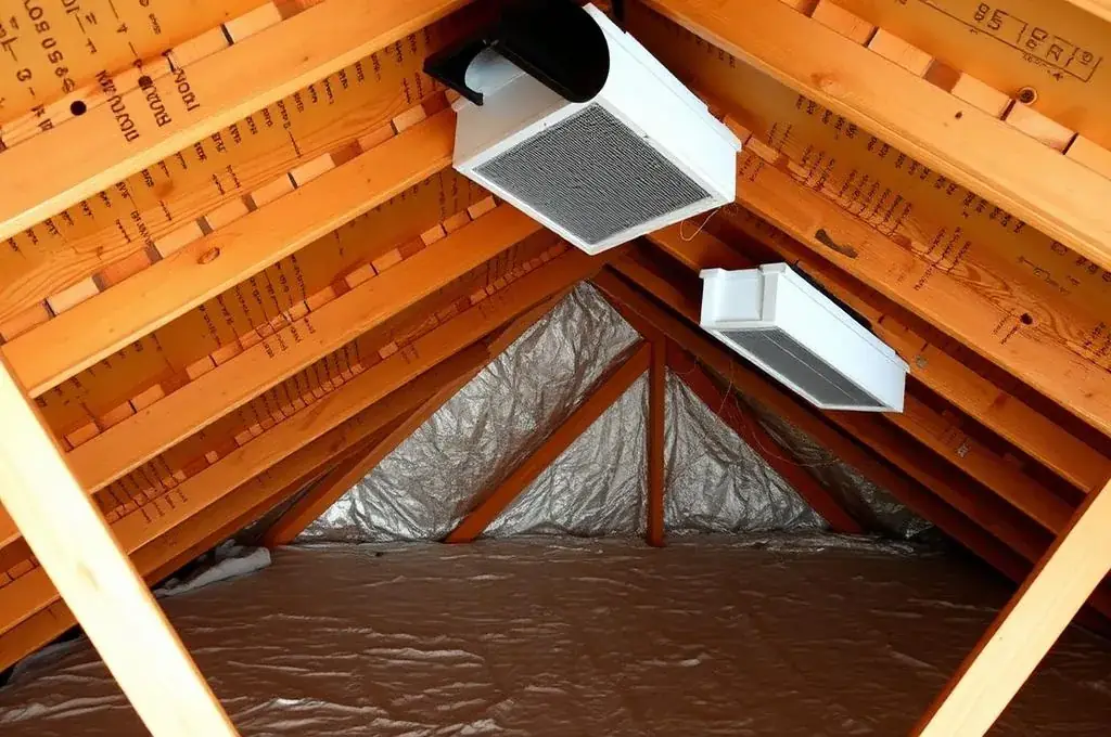 Attic showing proper ventilation and insulation in a North Texas home - Flying Cow Roofing