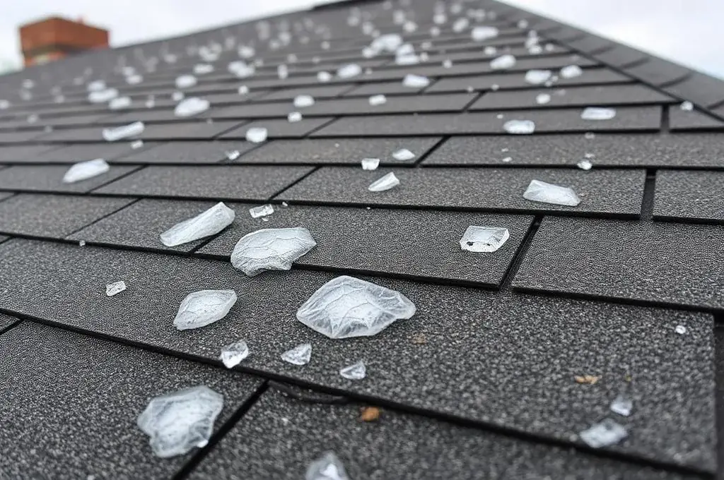 Hail damage on roof shingles requiring professional repair - Flying Cow Roofing