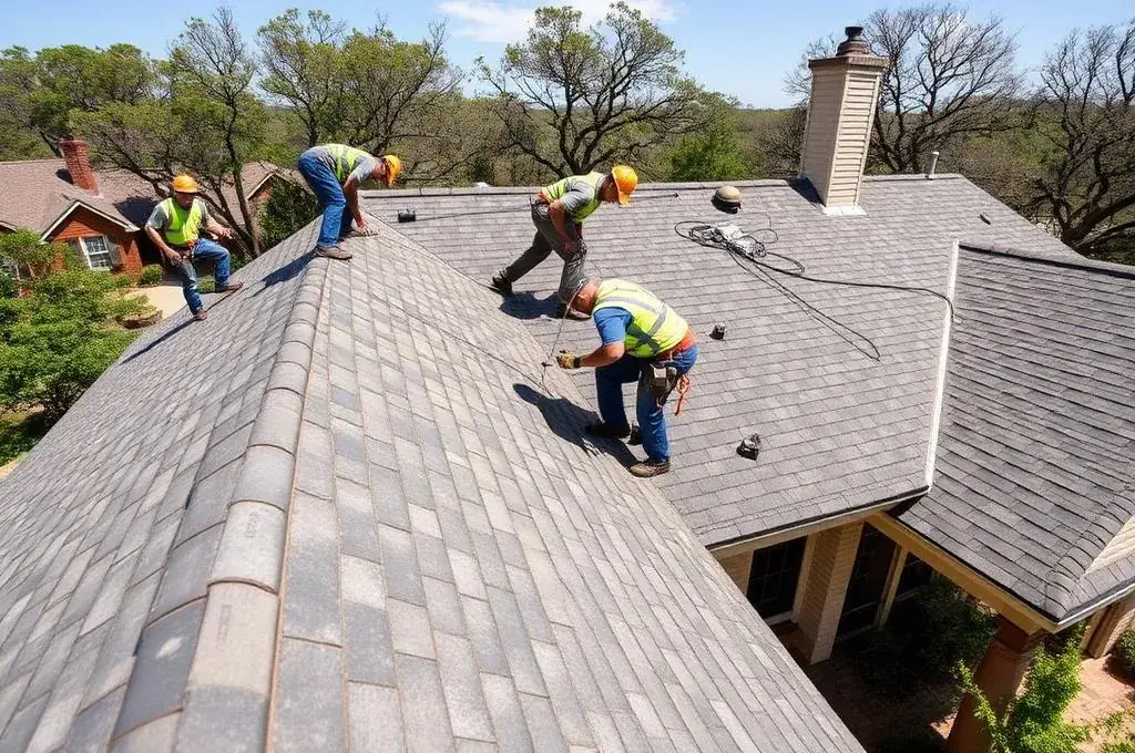 Flying Cow Roofing crew efficiently replacing a residential roof in North Dallas