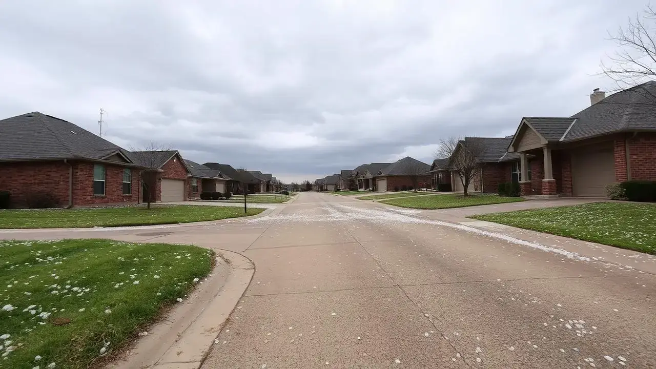 A Farmersville neighborhood street after a spring hail storm with scattered hail on lawns and driveways - Flying Cow Roofing