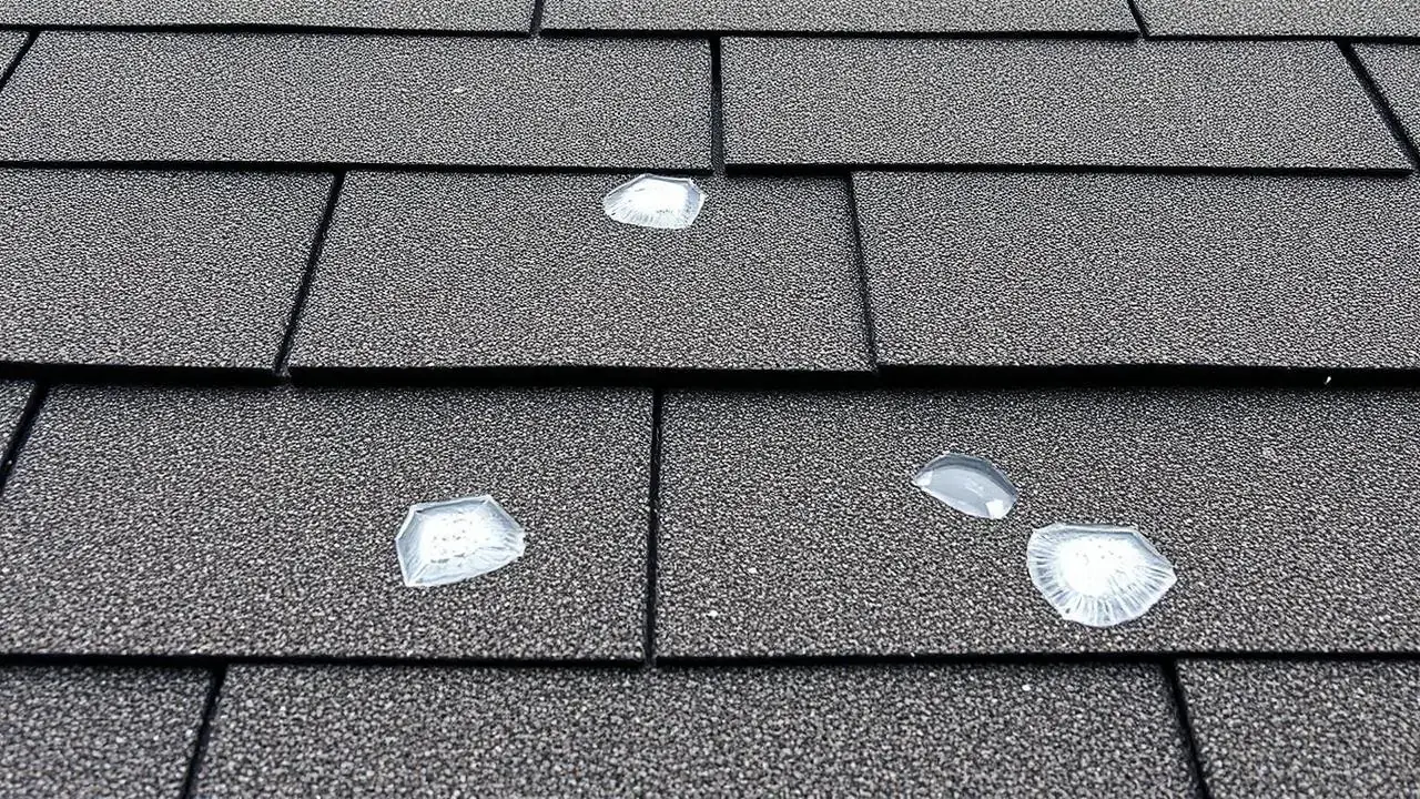 Close-up of hail-damaged asphalt shingles showing granule loss and impact dents - Flying Cow Roofing