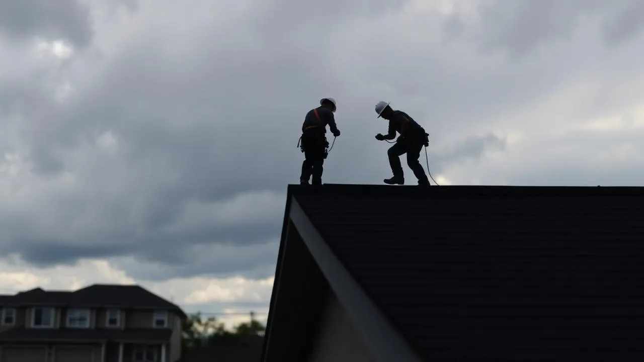 Silhouetted roofing crew completing repairs on a residential roof against a cloudy Texas sky - Flying Cow Roofing