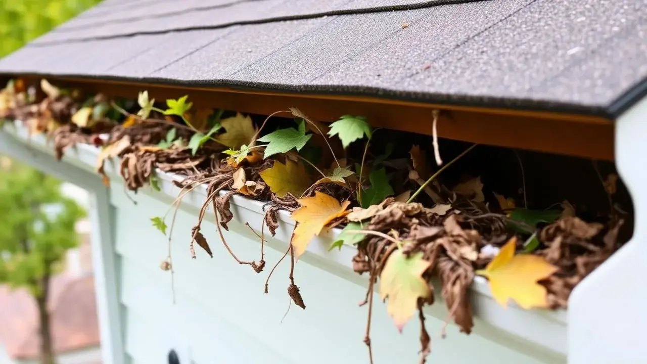 Close-up of a residential gutter clogged with leaves and debris along the roof edge - Flying Cow Roofing